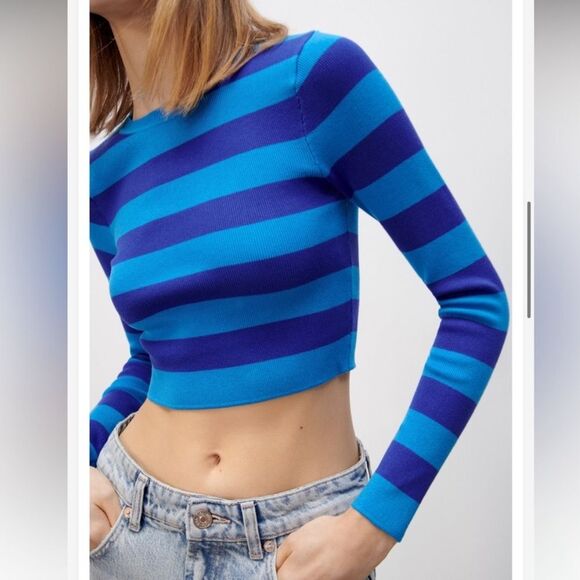 ZARA Blue Striped Long Sleeve Cropped Sweater Top Size L - Picture 1 of 12